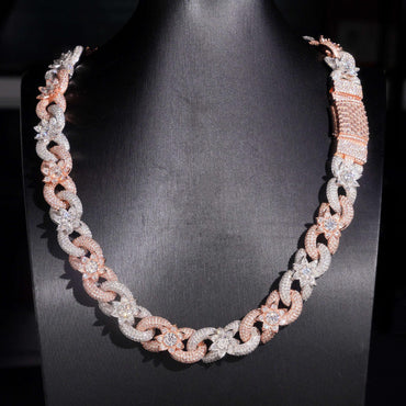 15mm Two-Tone Moissanite Cuban Link Chain – S925 Sterling Silver Crescent Flower Hip Hop Men’s Necklace - CaratixJewelry