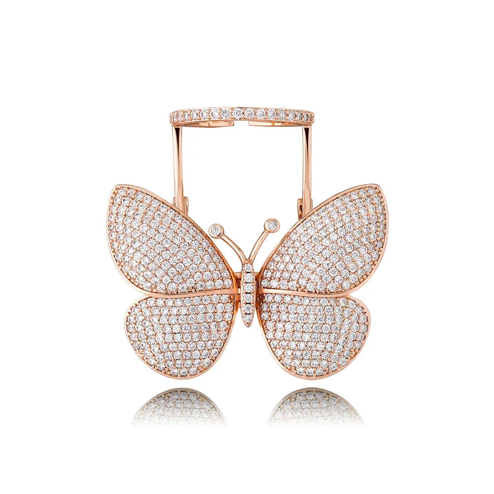 Women's Iced Out Butterfly Open Ring | Adjustable Wing Motif Band | Caratix