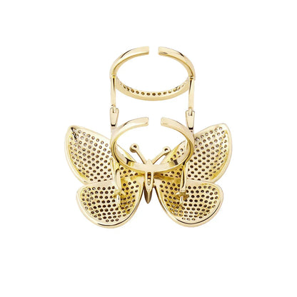 Women's Iced Out Butterfly Open Ring | Adjustable Wing Motif Band | Caratix