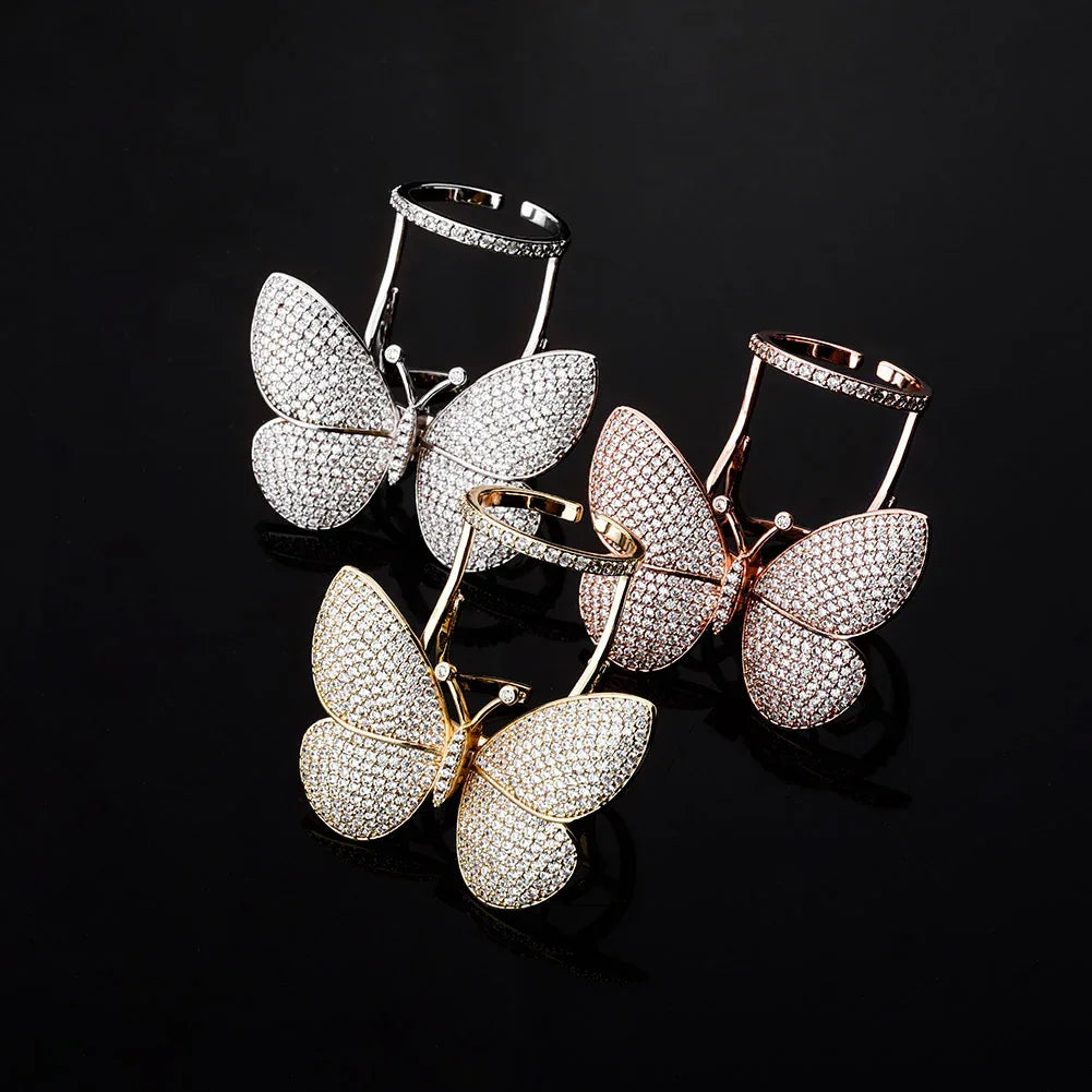 Women's Iced Out Butterfly Open Ring | Adjustable Wing Motif Band | Caratix