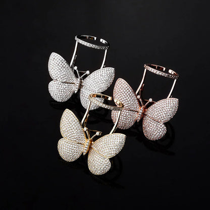 Women's Iced Out Butterfly Open Ring | Adjustable Wing Motif Band | Caratix