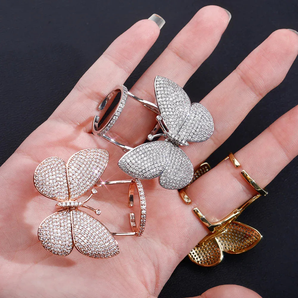 Women's Iced Out Butterfly Open Ring | Adjustable Wing Motif Band | Caratix