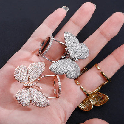 Women's Iced Out Butterfly Open Ring | Adjustable Wing Motif Band | Caratix