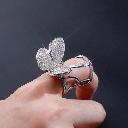 Women's Iced Out Butterfly Open Ring | Adjustable Wing Motif Band | Caratix