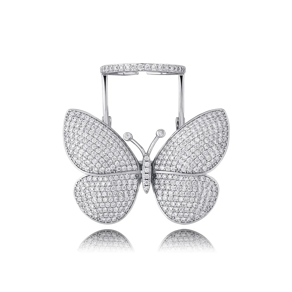 Women's Iced Out Butterfly Open Ring | Adjustable Wing Motif Band | Caratix