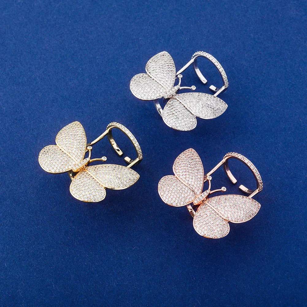 Women's Iced Out Butterfly Open Ring | Adjustable Wing Motif Band | Caratix