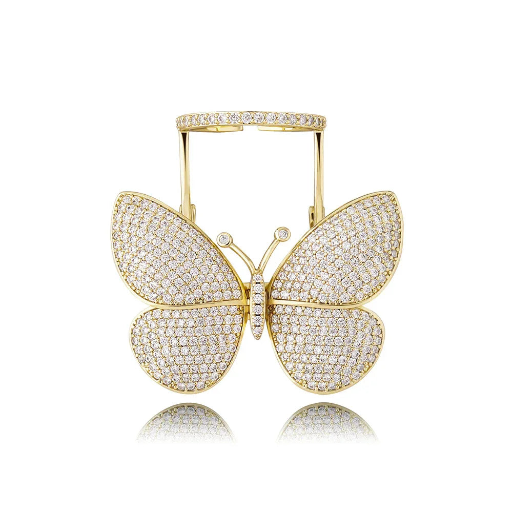 Women's Iced Out Butterfly Open Ring | Adjustable Wing Motif Band | Caratix