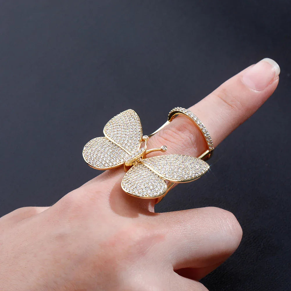 Women's Iced Out Butterfly Open Ring | Adjustable Wing Motif Band | Caratix