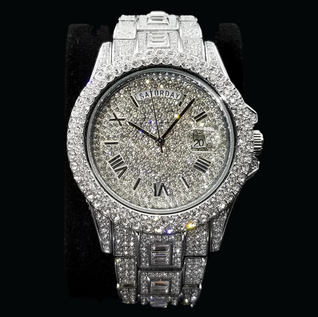 Day Date Roman Numerals VVS Iced Out Diamond Watch – Luxury Hip Hop Style