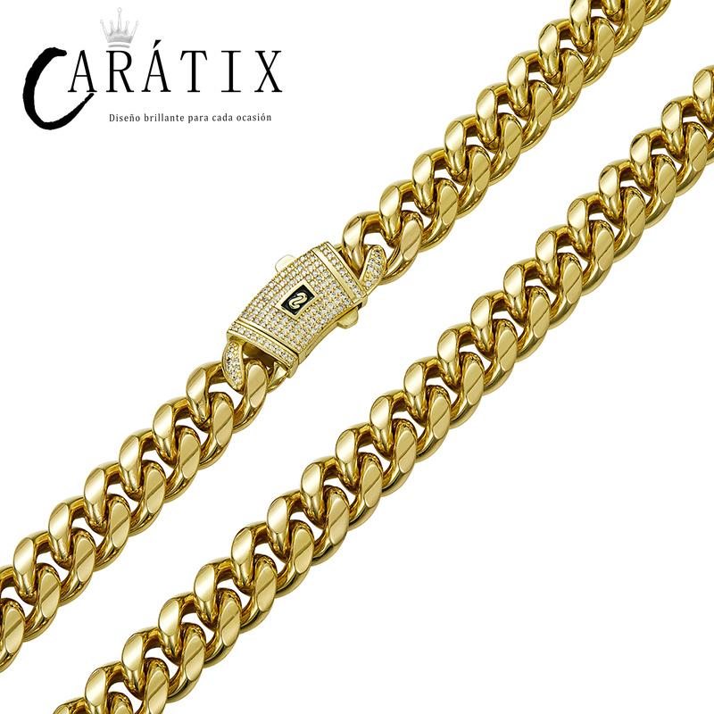 CARÁTIX Gold Stainless Steel Cuban Link Chain Necklace – CZ Iced Out Hip Hop Bling Jewelry for Men | Box Lock Rapper Gift