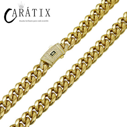 CARÁTIX Gold Stainless Steel Cuban Link Chain Necklace – CZ Iced Out Hip Hop Bling Jewelry for Men | Box Lock Rapper Gift