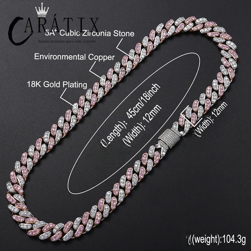 CARÁTIX Pink & White AAA CZ Cuban Link Chain Necklace – Iced Out Round Hip Hop Bling Jewelry for Men & Women | Fashion Choker Gift - CaratixJewelry