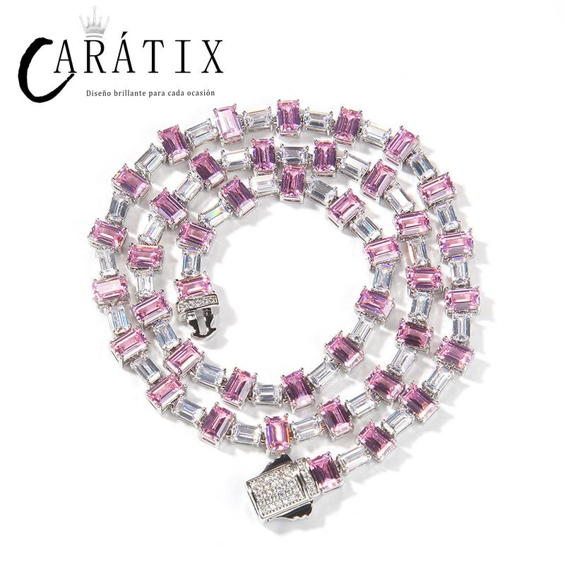 CARÁTIX - Hip Hop Pink White Square CZ Stone Bling Iced Out Tennis Link Chain Chokers Necklaces for Men Women Unisex Rapper Jewelry Valentine's Day Gift for Men & Girls & Boys Mothers' Day Gift #Springtok