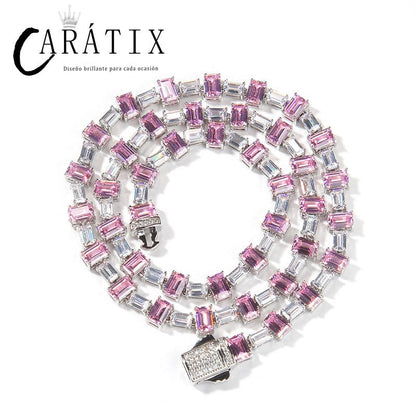 CARÁTIX - Hip Hop Pink White Square CZ Stone Bling Iced Out Tennis Link Chain Chokers Necklaces for Men Women Unisex Rapper Jewelry Valentine's Day Gift for Men & Girls & Boys Mothers' Day Gift #Springtok