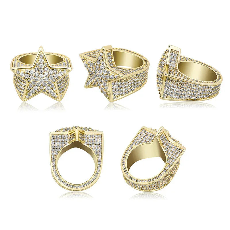 Men's Iced Out Star Ring | Full Pave Zirconia Pentagram Band | Caratix