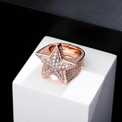 Men's Iced Out Star Ring | Full Pave Zirconia Pentagram Band | Caratix