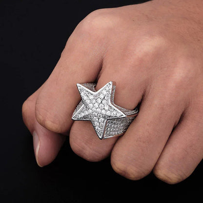 Men's Iced Out Star Ring | Full Pave Zirconia Pentagram Band | Caratix