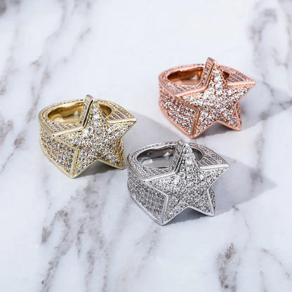 Men's Iced Out Star Ring | Full Pave Zirconia Pentagram Band | Caratix