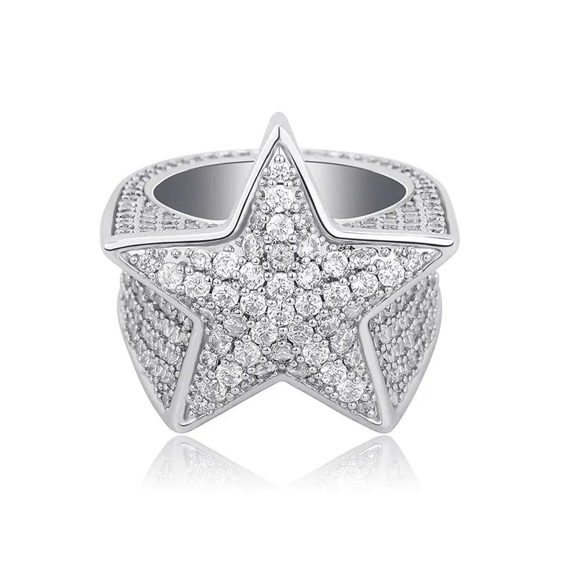 Men's Iced Out Star Ring | Full Pave Zirconia Pentagram Band | Caratix