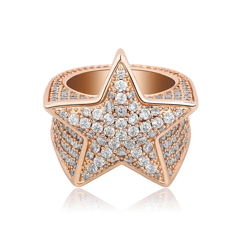 Men's Iced Out Star Ring | Full Pave Zirconia Pentagram Band | Caratix
