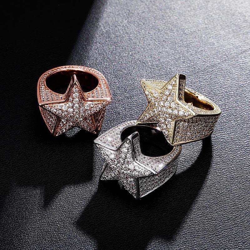 Men's Iced Out Star Ring | Full Pave Zirconia Pentagram Band | Caratix
