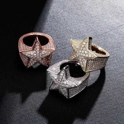 Men's Iced Out Star Ring | Full Pave Zirconia Pentagram Band | Caratix