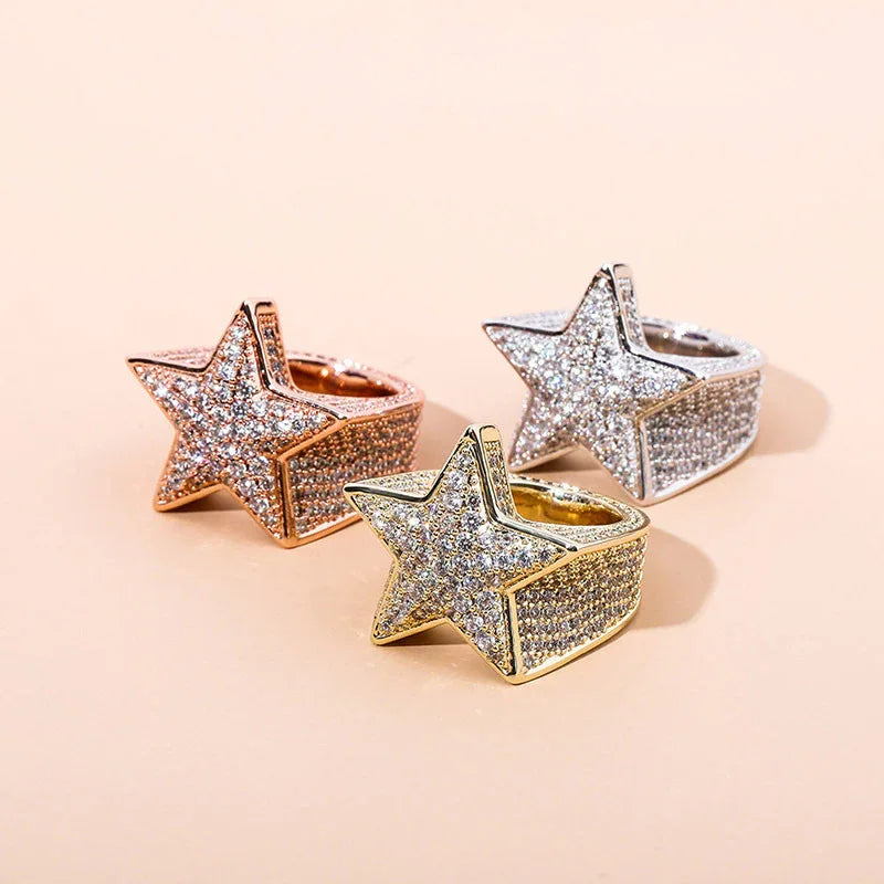 Men's Iced Out Star Ring | Full Pave Zirconia Pentagram Band | Caratix
