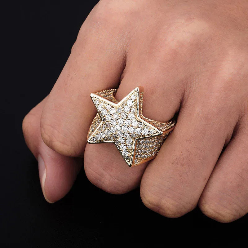 Men's Iced Out Star Ring | Full Pave Zirconia Pentagram Band | Caratix