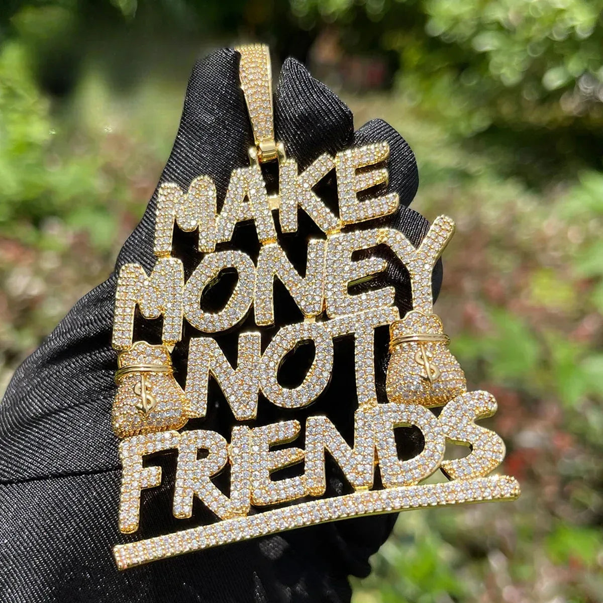 Iced Out "Make Money Not Friends" Pendant | Men's Real Copper CZ Necklace | MMNF Street Code Jewelry | 3D Block Letter Success Charm | Caratix - CaratixJewelry