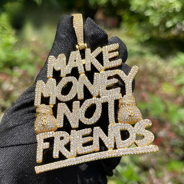 Iced Out "Make Money Not Friends" Pendant | Men's Real Copper CZ Necklace | MMNF Street Code Jewelry | 3D Block Letter Success Charm | Caratix - CaratixJewelry