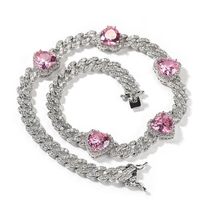 CARÁTIX 7"-24" Pink Hearts Link Chain Necklace – 5A+ CZ Iced Out Hip Hop Bling Jewelry for Men & Women | Unisex Rapper Gift