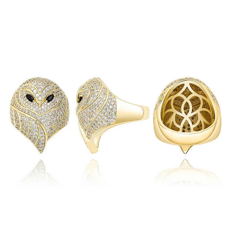 Men's Iced Out Owl Ring | 3D Sculpted Bird Motif Signet | Caratix