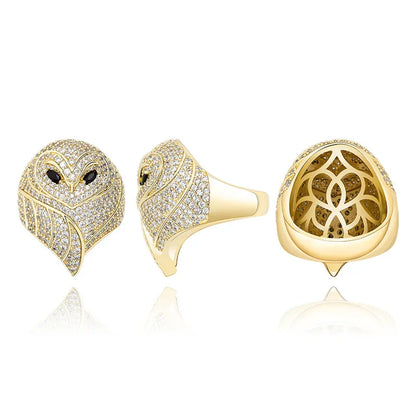 Men's Iced Out Owl Ring | 3D Sculpted Bird Motif Signet | Caratix