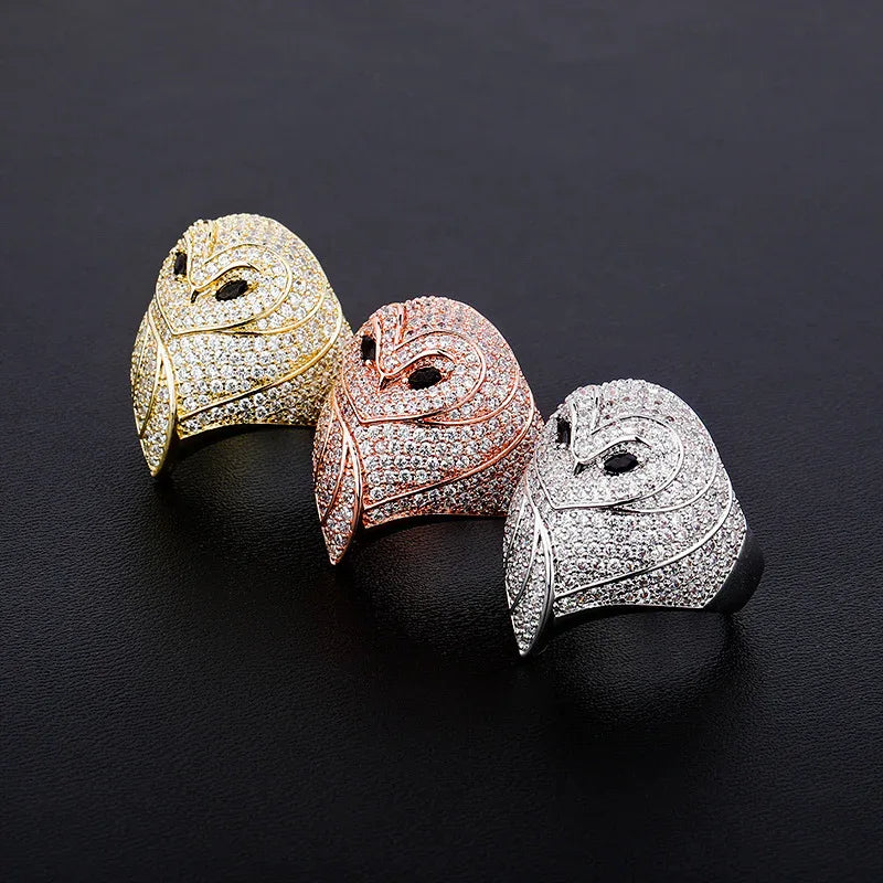 Men's Iced Out Owl Ring | 3D Sculpted Bird Motif Signet | Caratix