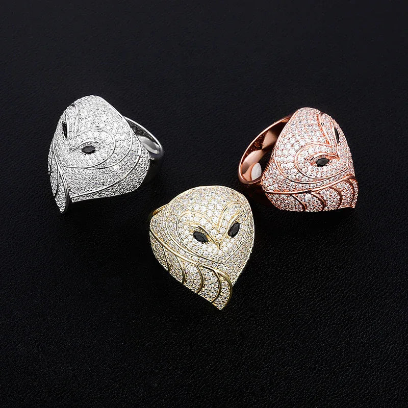 Men's Iced Out Owl Ring | 3D Sculpted Bird Motif Signet | Caratix