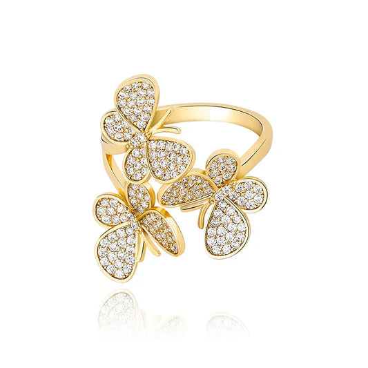 Triple Butterfly Adjustable Ring | Iced Out Micro-Pave Band | Caratix