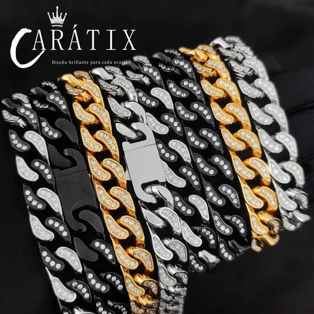 CARÁTIX 12mm Stainless Steel Cuban Link Chain Necklace – Bling Zircon Chunky Hip Hop Jewelry for Men & Women | 16–26 Inches