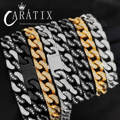 CARÁTIX 12mm Stainless Steel Cuban Link Chain Necklace – Bling Zircon Chunky Hip Hop Jewelry for Men & Women | 16–26 Inches