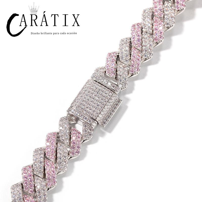 CARÁTIX Two-Tone Pink & White Cuban Link Chain Necklace – AAA CZ Iced Out Hip Hop Bling Jewelry for Men & Women | Rapper Gift