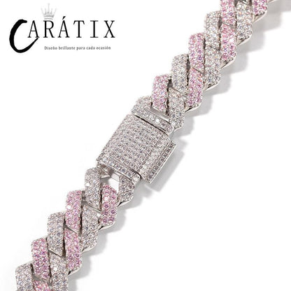 CARÁTIX Two-Tone Pink & White Cuban Link Chain Necklace – AAA CZ Iced Out Hip Hop Bling Jewelry for Men & Women | Rapper Gift
