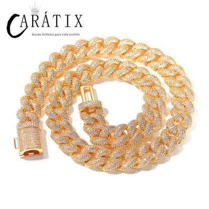 CARÁTIX - Hip Hop 5A+ CZ Stone Paved Bling Iced Out 14mm Solid Round Link Chain Necklaces for Men Rapper Jewelry Golden Silver Color Valentine's Day Gift for Men & Girls & Boys Mothers' Day Gift #Springtok