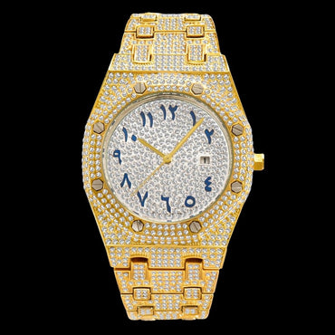 Bust Down Date Arabic Numerals  Iced Out Diamond Watch – Luxury Hip Hop Watch for Men