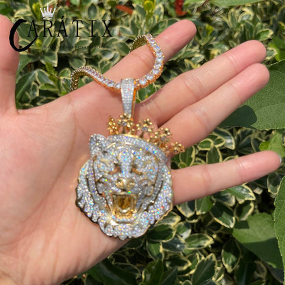 CARÁTIX -Lion Crown Necklace for Men Iced Out Prong Setting Pendant Chain  Double Color Hip Hop Jewelry Valentine's Day Gift for Men & Girls & Boys Mothers' Day Gift #Springtok