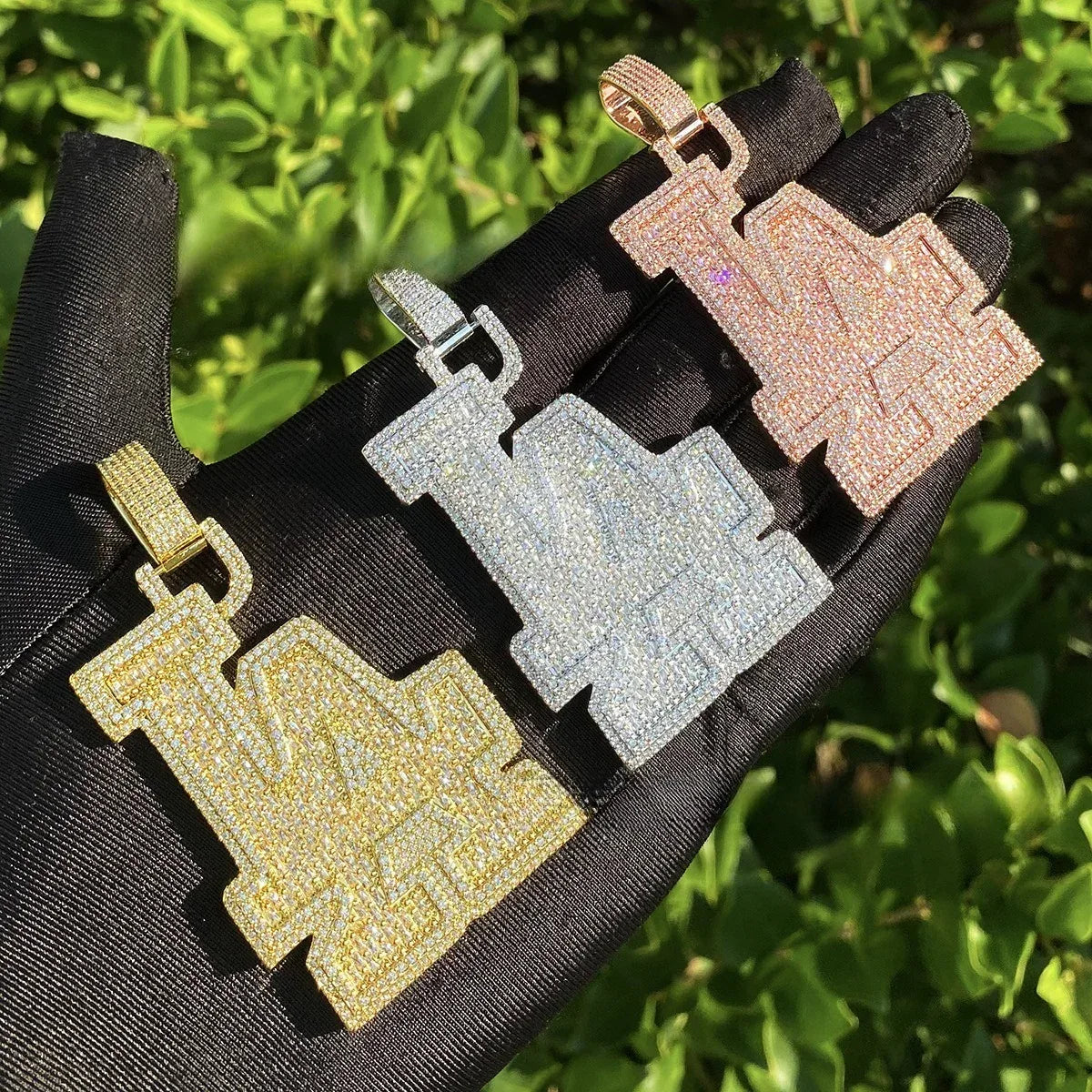 Iced Out Spliced "LA" Letter Pendant | Unisex Real Copper CZ Necklace - CaratixJewelry