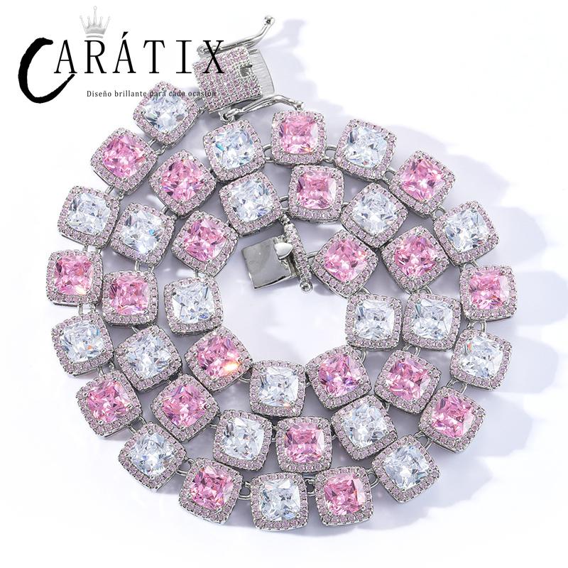 CARÁTIX White & Pink CZ Tennis Chain | Iced Out Square Hip Hop Necklace for Men & Women (16"-22")