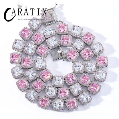 CARÁTIX White & Pink CZ Tennis Chain | Iced Out Square Hip Hop Necklace for Men & Women (16"-22")