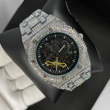 Self-Wind Mechanical Skeleton Iced Out Diamond Watch – Luxury Hip Hop Timepiece
