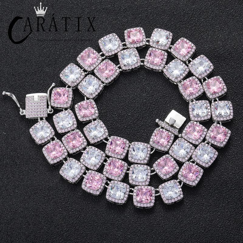 CARÁTIX White & Pink CZ Tennis Chain | Iced Out Square Hip Hop Necklace for Men & Women (16"-22")