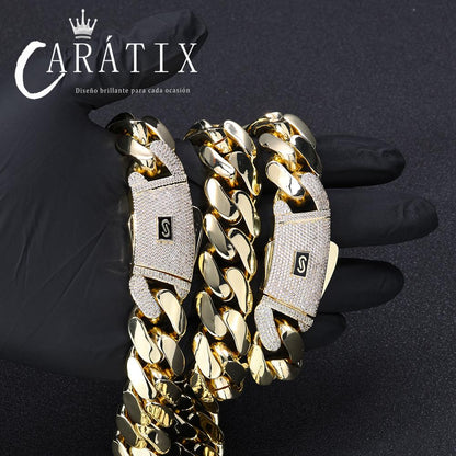 CARÁTIX – 20mm Zircon Iced Out Brass Cuban Link Necklace | Hip Hop Round Mill Chain with Logo