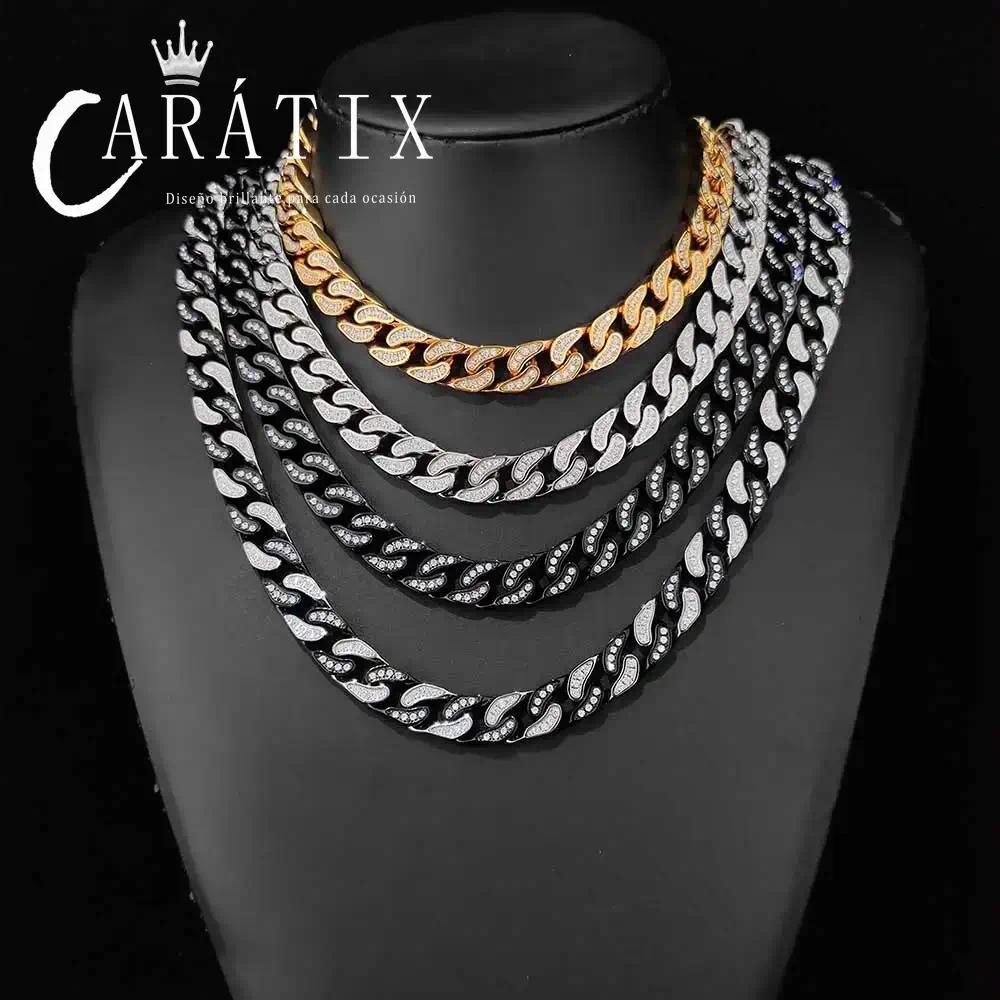 CARÁTIX 12mm Stainless Steel Cuban Link Chain Necklace – Bling Zircon Chunky Hip Hop Jewelry for Men & Women | 16–26 Inches